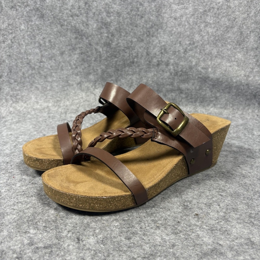 Andiamo Agolden Women's 9.5M Brown Braided Strappy Wedge Sandals Cork Heel